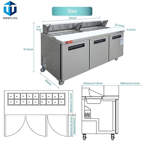 WESTLAKE Commercial Prep Table 72" 3-Door 20-Pan Stainless Steel | Embraco ETL DOE Sandwich Salad Refrigerator for Restaurant