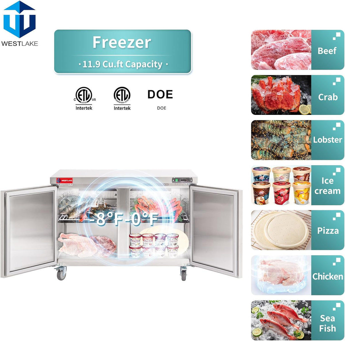 Commercial Undercounter Freezer, WESTLAKE 48" Double Door Stainless Steel Lowboy Worktop Freezer 12 Cu.ft