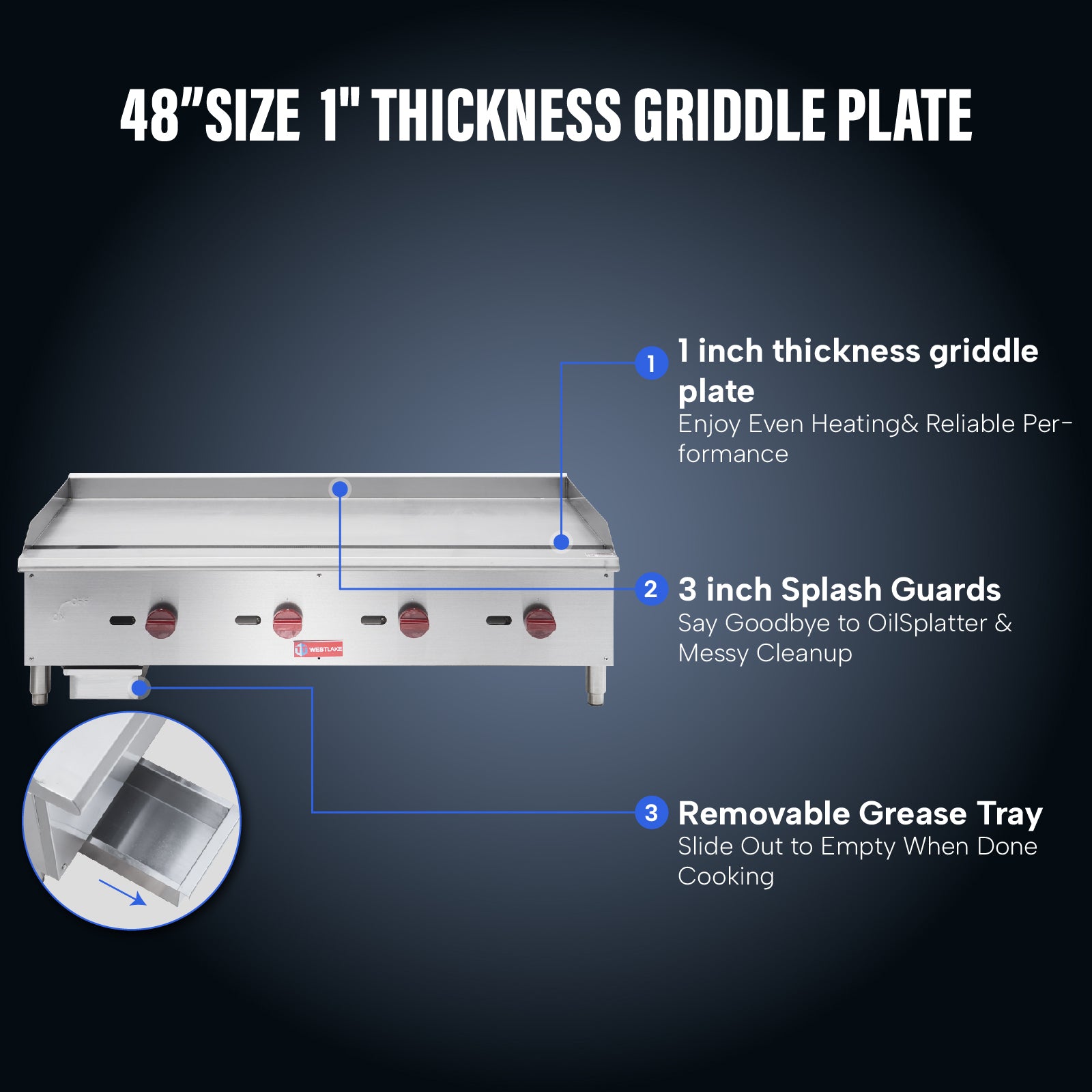 WESTLAKE Commercial Gas Griddle 48" 4-Burner 120,000 BTU Stainless Steel | Countertop Plate Grill for Restaurant