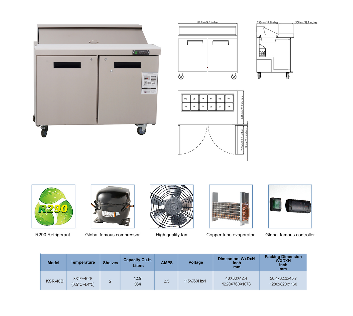 WESTLAKE Commercial Prep Table 48" 2-Door Stainless Steel | Embraco ETL Sandwich Salad Refrigerator for Restaurant
