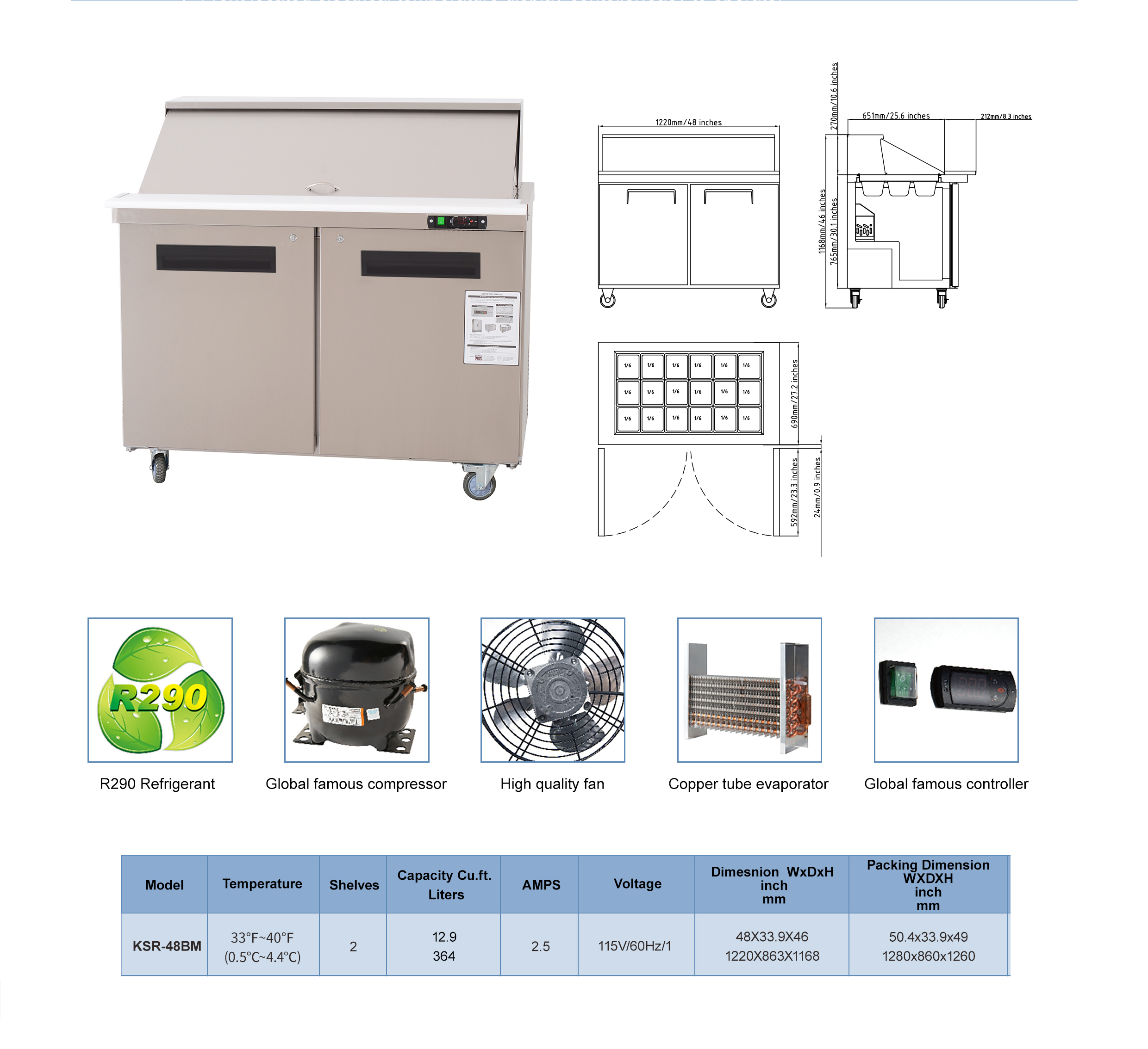 WESTLAKE Commercial Mega Top Prep Table 48" 2-Door 18-Pan 12.9 Cu.ft | Embraco ETL Sandwich Salad Refrigerator for Restaurant