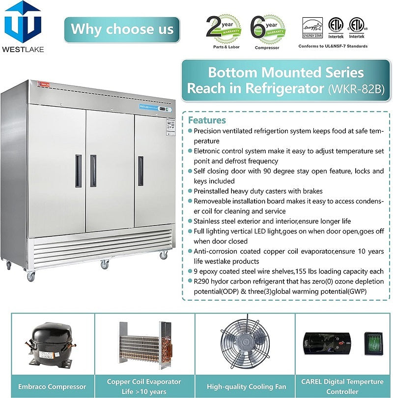 WESTLAKE Commercial Refrigerator 82" 3-Door 72 Cu.ft Stainless Steel | R290 Embraco ETL DOE Reach-In for Restaurant