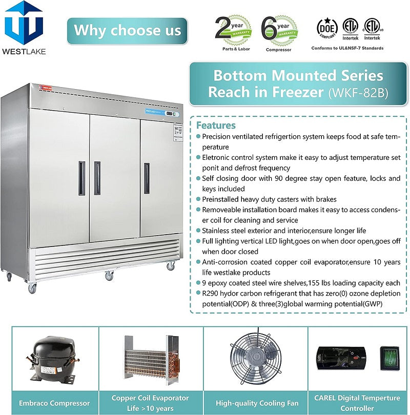 WESTLAKE Commercial Freezer 82" 3-Door 72 Cu.ft Stainless Steel | 9-Shelf Embraco ETL DOE Reach-In for Restaurant