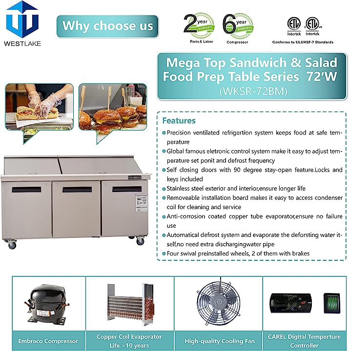 WESTLAKE Commercial Mega Top Prep Table 72" 3-Door 20 Cu.ft Stainless Steel | Embraco ETL Sandwich Salad Refrigerator for Restaurant
