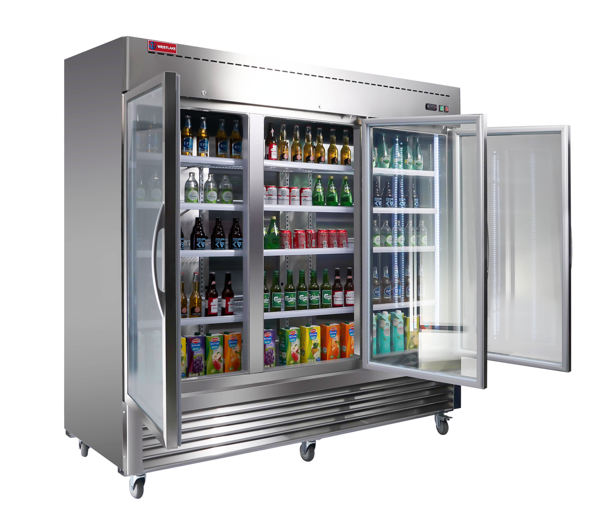WESTLAKE Commercial Refrigerator Merchandiser 82" 3-Glass Door 72 Cu.ft Stainless Steel | Embraco ETL Display Cooler Reach-In for Restaurant