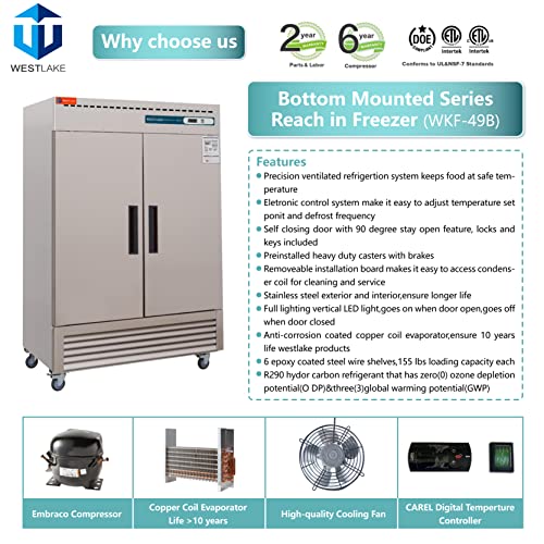 WESTLAKE Commercial Freezer 54" 2-Door 49 Cu.ft Stainless Steel | Embraco ETL DOE Reach-In for Restaurant