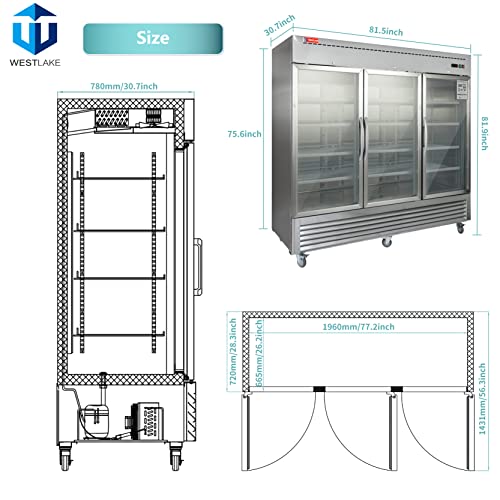WESTLAKE Commercial Refrigerator Merchandiser 82" 3-Glass Door 72 Cu.ft Stainless Steel | 100% Copper Evaporator 12-Shelf Reach-In for Restaurant