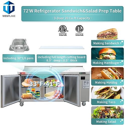 WESTLAKE Commercial Mega Top Prep Table 72" 3-Door 20 Cu.ft Stainless Steel | Embraco ETL DOE Sandwich Salad Refrigerator for Restaurant