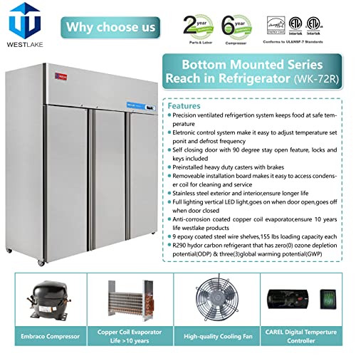 WESTLAKE Commercial Refrigerator 72" 3-Door 54 Cu.ft Stainless Steel | Cubigel NSF ETL Reach-In for Restaurant