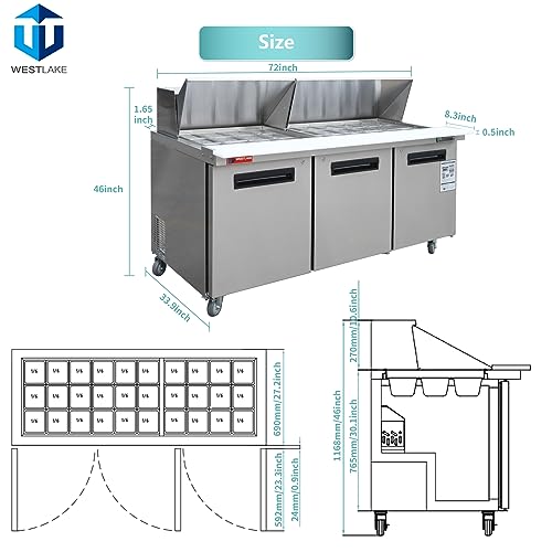 WESTLAKE Commercial Mega Top Prep Table 72" 3-Door 20 Cu.ft Stainless Steel | Embraco ETL DOE Sandwich Salad Refrigerator for Restaurant