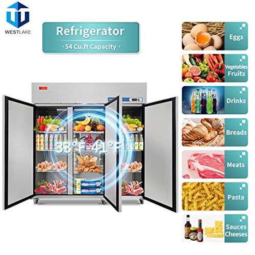 WESTLAKE Commercial Refrigerator 72" 3-Door 54 Cu.ft Stainless Steel | Cubigel NSF ETL Reach-In for Restaurant