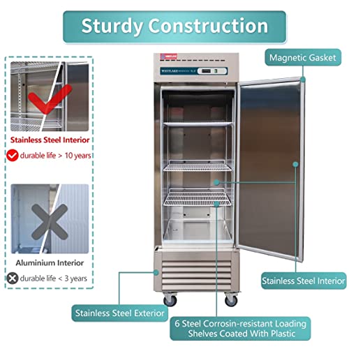 WESTLAKE Commercial Freezer 27" 1-Door 23 Cu.ft Stainless Steel | 6-Shelf Embraco ETL DOE Reach-In for Restaurant