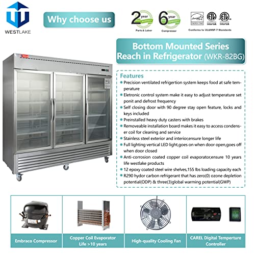 WESTLAKE Commercial Refrigerator Merchandiser 82" 3-Glass Door 72 Cu.ft Stainless Steel | 100% Copper Evaporator 12-Shelf Reach-In for Restaurant