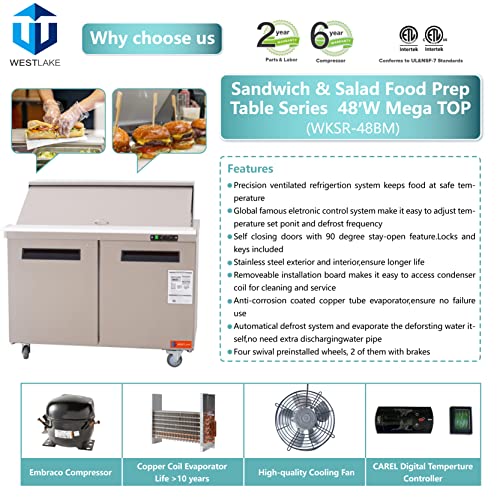 WESTLAKE Commercial Mega Top Prep Table 48" 2-Door 18-Pan Stainless Steel | Embraco ETL DOE Sandwich Salad Refrigerator for Restaurant