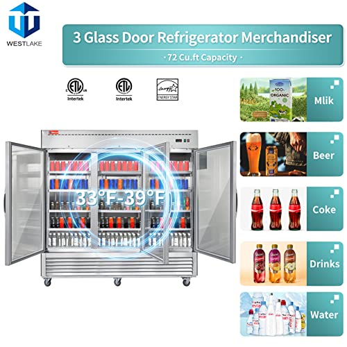 WESTLAKE Commercial Refrigerator Merchandiser 82" 3-Glass Door 72 Cu.ft Stainless Steel | 100% Copper Evaporator 12-Shelf Reach-In for Restaurant