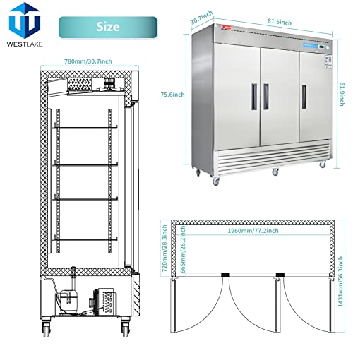 WESTLAKE Commercial Refrigerator 82" 3-Door 72 Cu.ft Stainless Steel | R290 Embraco ETL NSF DOE Reach-In for Restaurant