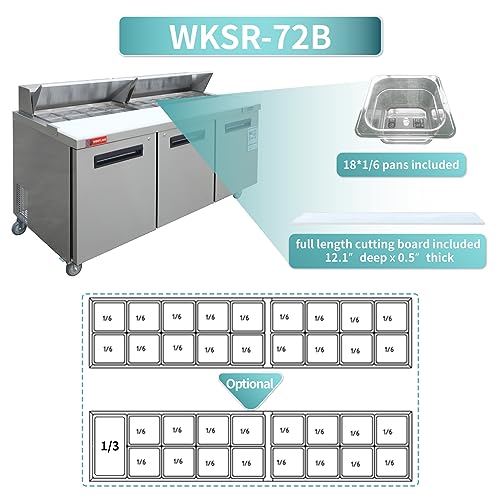 WESTLAKE Commercial Prep Table 72" 3-Door 20-Pan Stainless Steel | Embraco ETL DOE Sandwich Salad Refrigerator for Restaurant