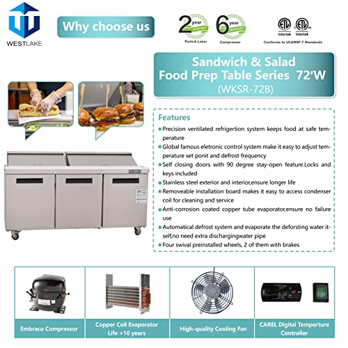 WESTLAKE Commercial Prep Table 72" 3-Door 20-Pan Stainless Steel | Embraco ETL DOE Sandwich Salad Refrigerator for Restaurant
