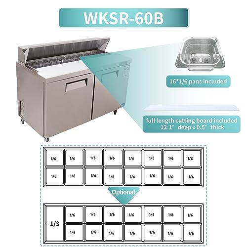 WESTLAKE Commercial Prep Table 60" 2-Door 16-Pan 12.9 Cu.ft Stainless Steel | 1/2HP Embraco ETL DOE Sandwich Salad Refrigerator for Restaurant