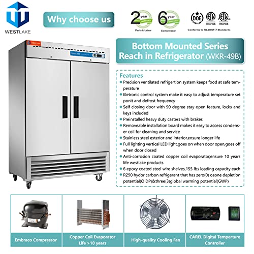 WESTLAKE Commercial Refrigerator 54" 2-Door 49 Cu.ft Stainless Steel | R290 Embraco ETL DOE Reach-In for Restaurant