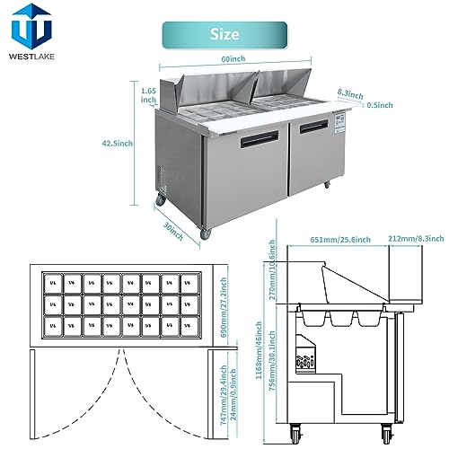 WESTLAKE Commercial Mega Top Prep Table 60" 2-Door Stainless Steel | Cubigel ETL Sandwich Salad Refrigerator for Restaurant