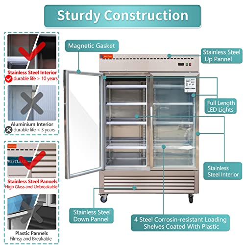 WESTLAKE Commercial Refrigerator Merchandiser 54" 2-Glass Door 49 Cu.ft Stainless Steel | Embraco ETL Display Cooler Reach-In for Restaurant
