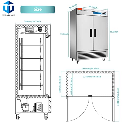 WESTLAKE Commercial Refrigerator 54" 2-Door 49 Cu.ft Stainless Steel | R290 Embraco ETL DOE Reach-In for Restaurant