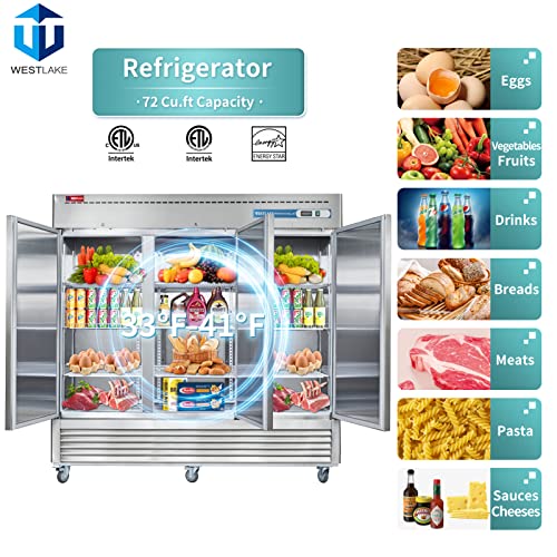 WESTLAKE Commercial Refrigerator 82" 3-Door 72 Cu.ft Stainless Steel | R290 Embraco ETL NSF DOE Reach-In for Restaurant