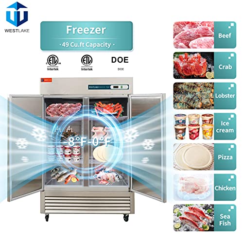 WESTLAKE Commercial Freezer 54" 2-Door 49 Cu.ft Stainless Steel | Embraco ETL DOE Reach-In for Restaurant