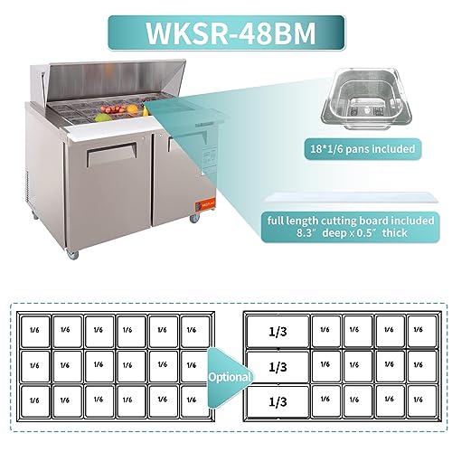 WESTLAKE Commercial Mega Top Prep Table 48" 2-Door 18-Pan Stainless Steel | Embraco ETL DOE Sandwich Salad Refrigerator for Restaurant