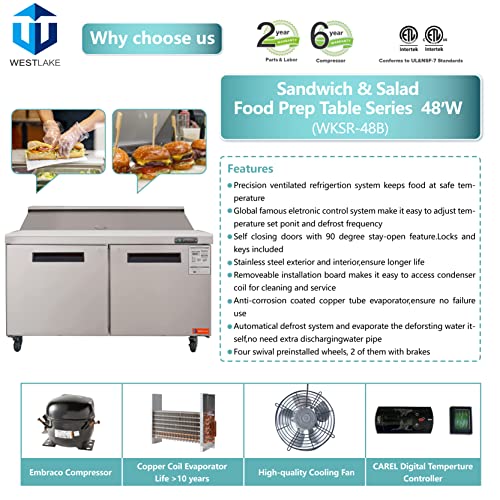 WESTLAKE Commercial Prep Table 48" 2-Door 12-Pan Stainless Steel | Embraco ETL DOE Sandwich Salad Refrigerator