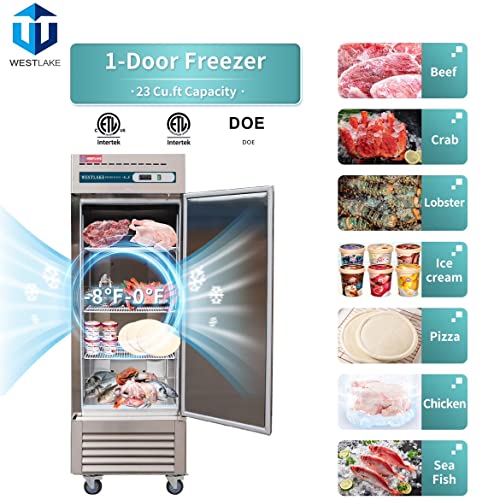 WESTLAKE Commercial Freezer 27" 1-Door 23 Cu.ft Stainless Steel | 6-Shelf Embraco ETL DOE Reach-In for Restaurant