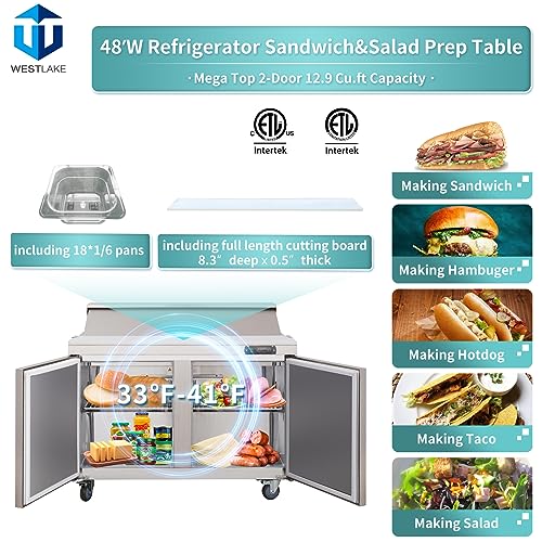 WESTLAKE Commercial Mega Top Prep Table 48" 2-Door 18-Pan Stainless Steel | Embraco ETL DOE Sandwich Salad Refrigerator for Restaurant