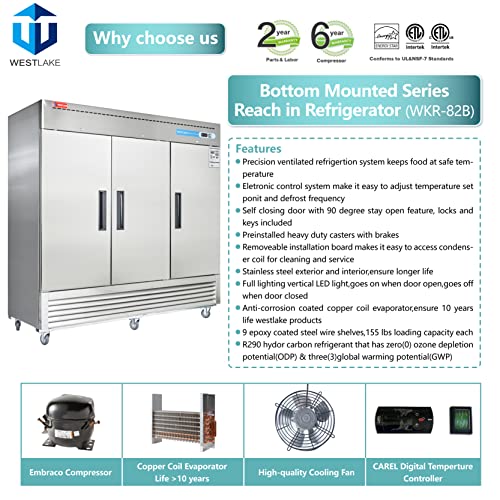 WESTLAKE Commercial Refrigerator 82" 3-Door 72 Cu.ft Stainless Steel | R290 Embraco ETL NSF DOE Reach-In for Restaurant
