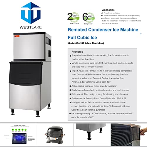 WESTLAKE Commercial Ice Maker Machine 500 lb/Day with 375 lb Bin | Air Cooled Full Cube Ice Machine for Restaurant