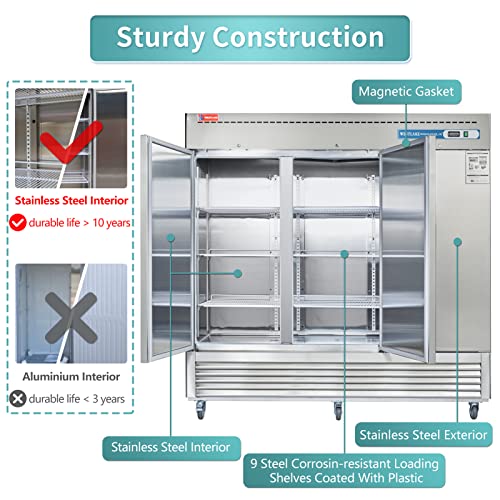 WESTLAKE Commercial Refrigerator 82" 3-Door 72 Cu.ft Stainless Steel | R290 Embraco ETL NSF DOE Reach-In for Restaurant