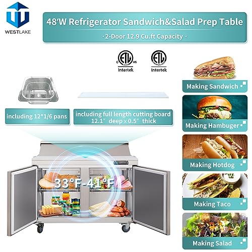 WESTLAKE Commercial Prep Table 48" 2-Door 12-Pan Stainless Steel | Embraco ETL DOE Sandwich Salad Refrigerator