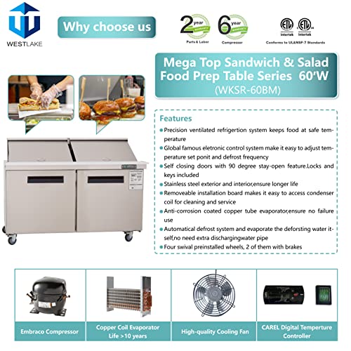 WESTLAKE Commercial Mega Top Prep Table 60" 2-Door Stainless Steel | Cubigel ETL Sandwich Salad Refrigerator for Restaurant