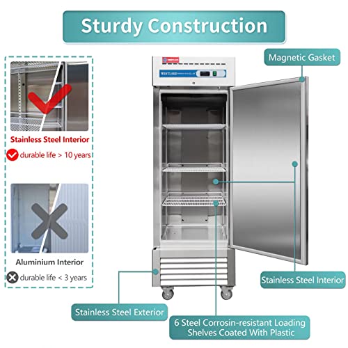WESTLAKE Commercial Refrigerator 27" 1-Door 23 Cu.ft Stainless Steel | 6-Shelf Embraco DOE Reach-In for Restaurant