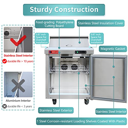 WESTLAKE Commercial Prep Table 27" 1-Door 8-Pan Stainless Steel | Embraco ETL DOE Sandwich Salad Refrigerator