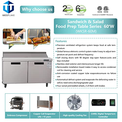 WESTLAKE Commercial Prep Table 60" 2-Door 16-Pan 12.9 Cu.ft Stainless Steel | 1/2HP Embraco ETL DOE Sandwich Salad Refrigerator for Restaurant