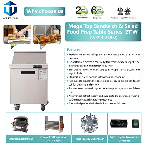 WESTLAKE Commercial Prep Table 27" 1-Door 12-Pan Mega Top Stainless Steel | Embraco ETL DOE Sandwich Salad Refrigerator
