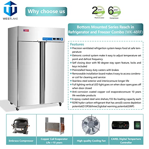 WESTLAKE Commercial Refrigerator Freezer Combo 48" 36 Cu.ft Stainless Steel | Dual Cubigel ETL DOE Reach-In for Restaurant