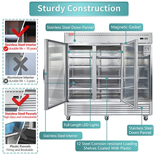 WESTLAKE Commercial Refrigerator Merchandiser 82" 3-Glass Door 72 Cu.ft Stainless Steel | Embraco ETL Display Cooler Reach-In for Restaurant