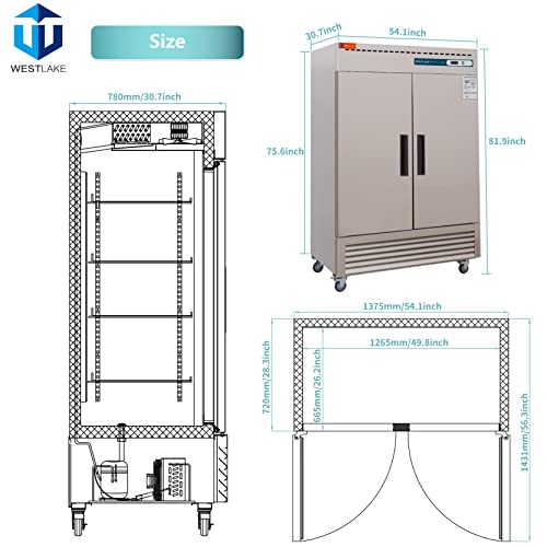 WESTLAKE Commercial Freezer 54" 2-Door 49 Cu.ft Stainless Steel | Embraco ETL DOE Reach-In for Restaurant