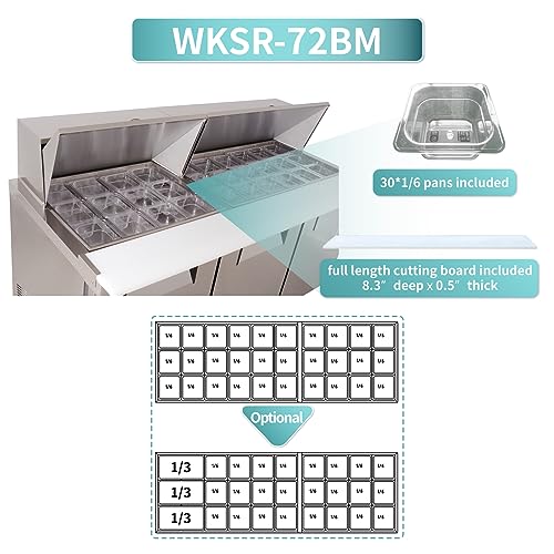 WESTLAKE Commercial Mega Top Prep Table 72" 3-Door 20 Cu.ft Stainless Steel | Embraco ETL DOE Sandwich Salad Refrigerator for Restaurant