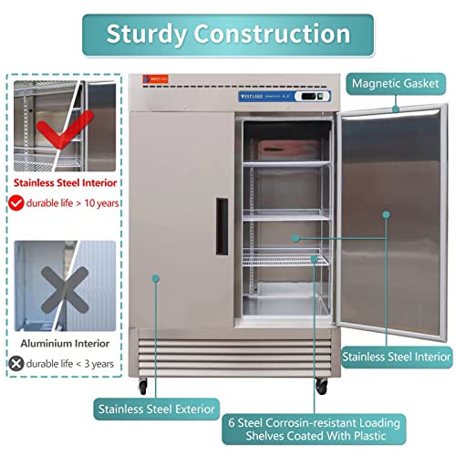 WESTLAKE Commercial Freezer 54" 2-Door 49 Cu.ft Stainless Steel | Embraco ETL DOE Reach-In for Restaurant