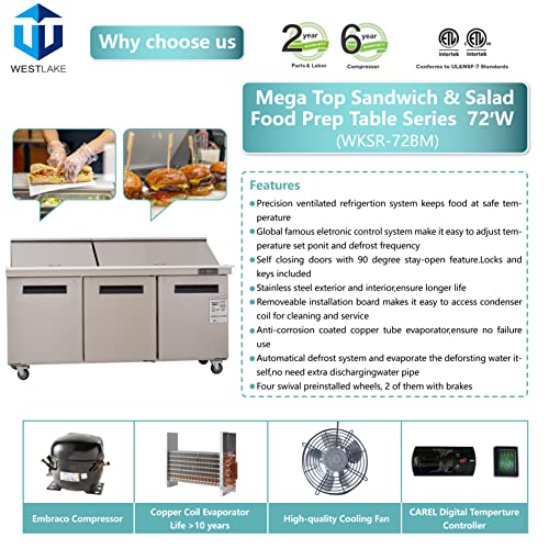 WESTLAKE Commercial Mega Top Prep Table 72" 3-Door 20 Cu.ft Stainless Steel | Embraco ETL DOE Sandwich Salad Refrigerator for Restaurant