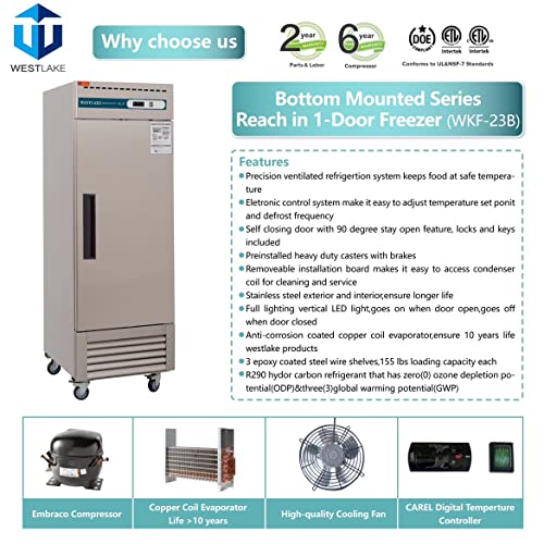 WESTLAKE Commercial Freezer 27" 1-Door 23 Cu.ft Stainless Steel | 6-Shelf Embraco ETL DOE Reach-In for Restaurant