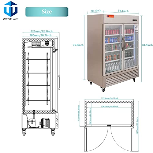 WESTLAKE Commercial Refrigerator Merchandiser 54" 2-Glass Door 49 Cu.ft Stainless Steel | Embraco ETL Display Cooler Reach-In for Restaurant